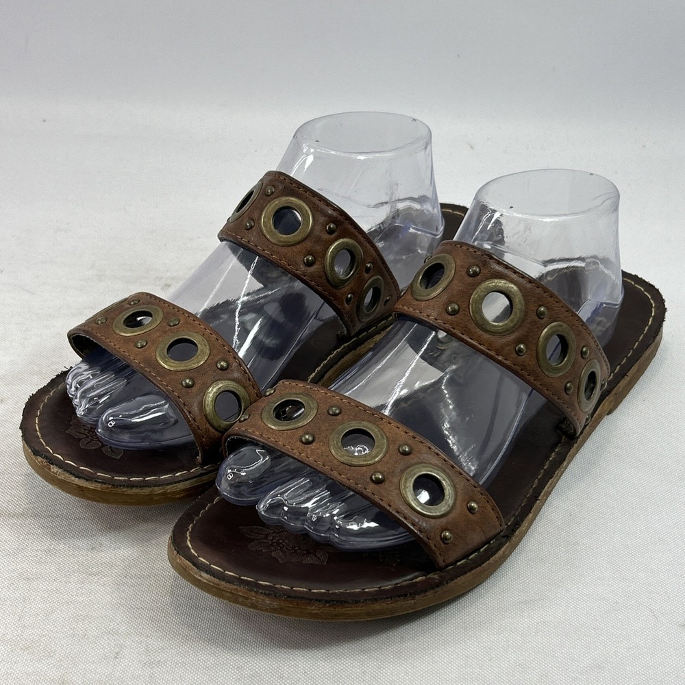 Vintage 93 The Buckle Sandals Women's Sz 10 Brown Leather Y2K Brass Studded